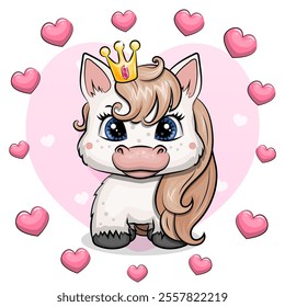 Cute cartoon pony with a crown in a heart frame. Vector illustration of animal on a pink background.