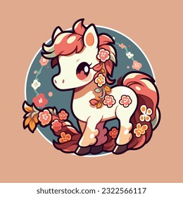 Cute cartoon pony with floral ornament.