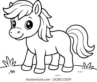 Cute cartoon pony on grass illustration for kids, black and white farm horse line art, smiling foal drawing for coloring book or educational materials