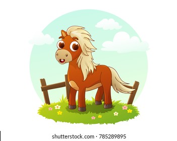 Cute cartoon pony on grass illustration with outline