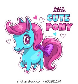 Cute cartoon pony patch. Vector girlish print template.