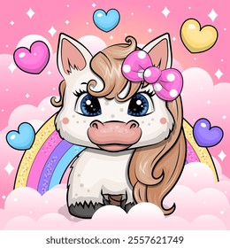 Cute cartoon pony with a pink bow. Vector illustration of animal with rainbow and hearts on a pink background.