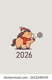 A cute cartoon pony in a Santa hat and scarf catches a snowflake. Charming vertical greeting card for Christmas and New Year 2026, the Year of the Horse. Minimalist vector for winter holidays