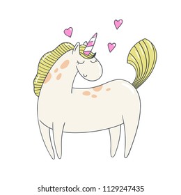 Cute cartoon pony unicorn isolated on white.