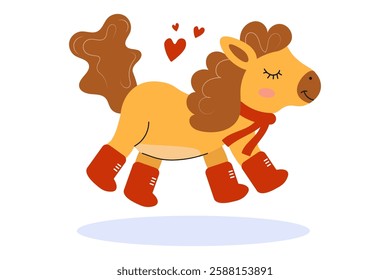 Cute cartoon pony wearing red boots and smiling, galloping on a white background in a cheerful setting. Horse in love.