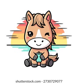 Cute cartoon pony with a white muzzle and gray hooves sitting by a lake at sunset horse