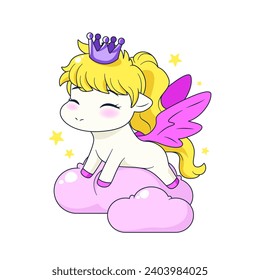 Cute cartoon pony with wings, crown and stars sitting on a clouds. isolated vector illustration with magic animal on white background. Flat art for print, posters, covers and etc.