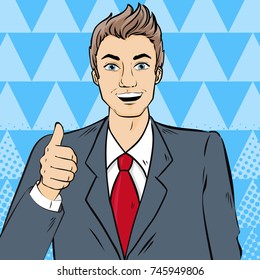 cute cartoon pop of business man thumb up on the blue background