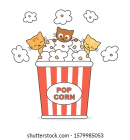 cute cartoon popcorn box with funny cats vector illustration isolated on white background