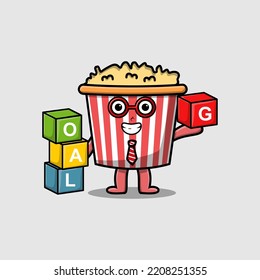 Cute cartoon Popcorn businessman stacking goal box in flat modern style design