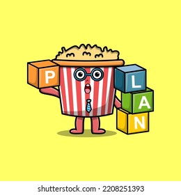 Cute cartoon Popcorn businessman stacking plan box in flat modern style design