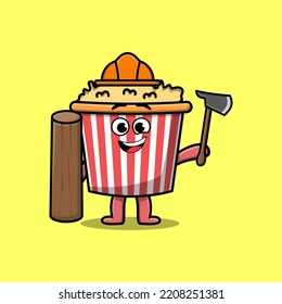 Cute Cartoon Popcorn As Carpenter Character With Ax And Wood In Flat Modern Style