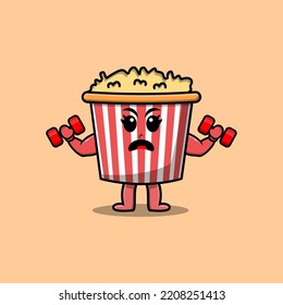 Cute cartoon Popcorn character is fitness with barbell in modern style design