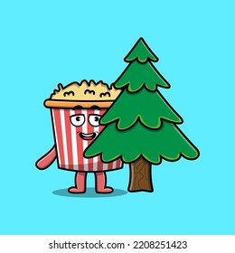 Cute cartoon Popcorn character hiding tree in flat modern design in modern style design