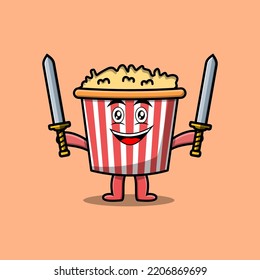 Cute cartoon Popcorn character holding two sword in 3d modern design illustration