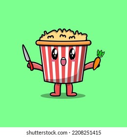 Cute cartoon Popcorn character holding knife and carrot in modern style design