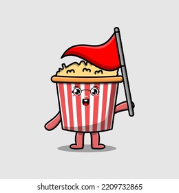 Cute cartoon Popcorn character holding triangle flag in 3d modern design illustration