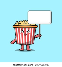 Cute cartoon Popcorn character holding blank board in vector concept flat cartoon style illustration