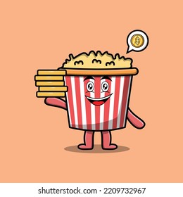 Cute cartoon popcorn character holding stacked gold coin vector illustration