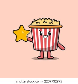 Cute cartoon Popcorn character holding big golden star in cute modern style design illustration