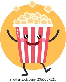 Cute cartoon popcorn character on yellow background. Popcorn dancing and juggling. Flat style. Vector illustration