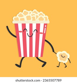 Cute cartoon popcorn character on yellow background. Popcorn walks holding babys hand. Flat style. Vector illustration