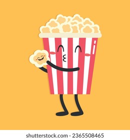 Cute cartoon popcorn character on yellow background. Popcorn kissing a baby. Flat style. Vector illustration