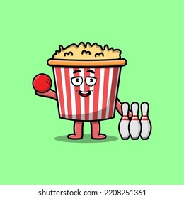 Cute cartoon Popcorn character playing bowling in flat modern style design illustration