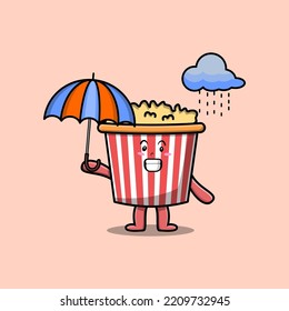 Cute cartoon Popcorn character in the rain and using an umbrella in flat modern style design