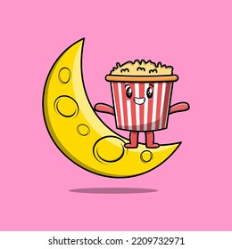 Cute cartoon Popcorn character standing on the crescent moon in 3d modern design illustration