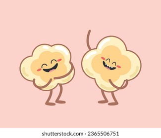 Cute cartoon popcorn characters on pink background. Two popcorns is laughing. Flat style. Vector illustration