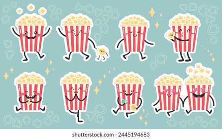 Cute cartoon popcorn characters set. Funny popcorn buckets and babies. Flat style. Vector illustration