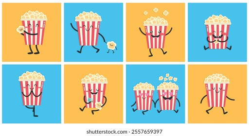 Cute cartoon popcorn characters set. Popcorn bucket mascot icon collection. Vector illustration