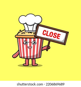 Cute cartoon Popcorn chef character holding close sign board designs in flat cartoon style