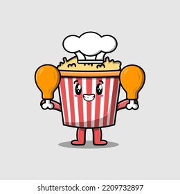 Cute cartoon Popcorn chef character holding two chicken thighs in flat cartoon style illustration