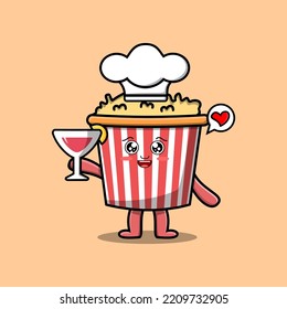 Cute cartoon Popcorn chef character holding wine glass flat cartoon style illustration