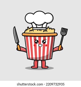 Cute cartoon Popcorn chef character holding knife and fork in flat cartoon style illustration