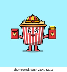 Cute cartoon Popcorn chinese character holding red packets vector icon illustration