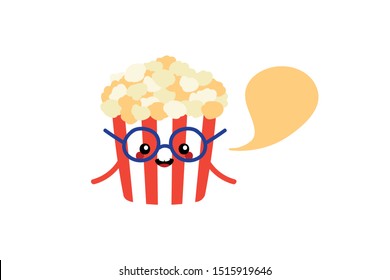 Cute cartoon popcorn cup character in glasses with speech bubble, talking, giving advice or information. 