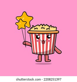 Cute cartoon Popcorn floating with star balloon cartoon vector illustration