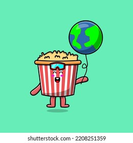 Cute cartoon Popcorn floating with world balloon cartoon vector illustration