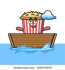 cute cartoon Popcorn get on boat in vector character illustration
