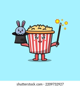 cute cartoon Popcorn magician character with bunny character coming out from magic hat
