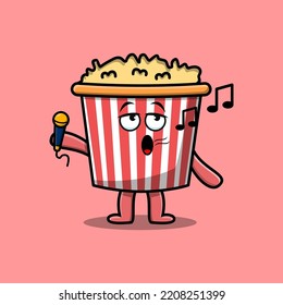 Cute cartoon Popcorn singer character holding mic in flat modern style design