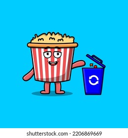 Cute Cartoon Popcorn wirft Müll in den Müll in einem modernen Design-Illustration