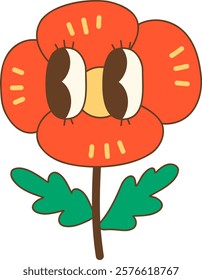 Cute cartoon poppy flower with big eyes and green leaves
