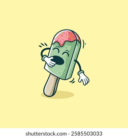 A cute cartoon popsicle character with a pink topping is shown yawning, conveying tiredness or sleepiness.