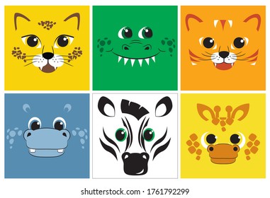 Cute cartoon portraits of jungle animals - leopard, crocodile, tiger, hippo, zebra and giraffe.