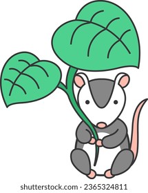 Cute cartoon possum with a leaf. Vector illustration on white background.