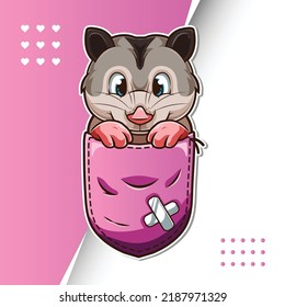 Cute cartoon possum in a pocket